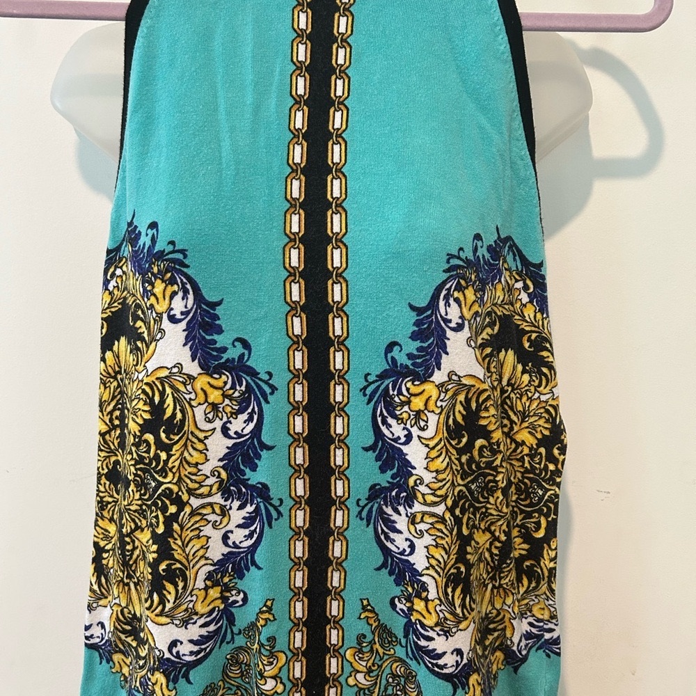 Cache Turquoise and Gold Patterned Tank Top